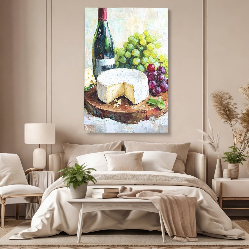 Tablou canvas cu pictura cu sticla de vin si branza, fara rama, pe sasiu de lemn, pe perete intr-un dormitor